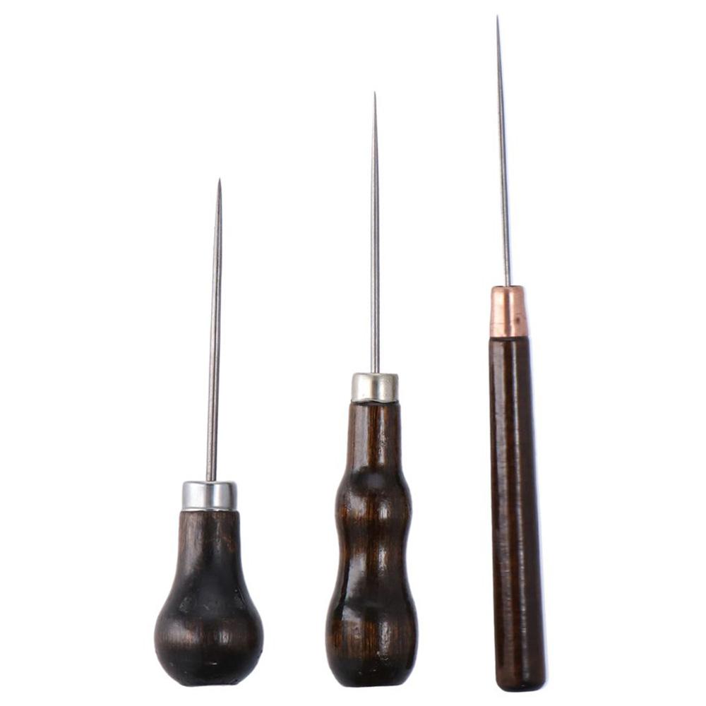 Sewing Repair - เครื่องมือกันรอยขีดข่วนด้ามจับไม้3ชิ้นงานเจาะรูหนังเครื่องมือซ่อมหัตถกรรมเครื่องหนัง