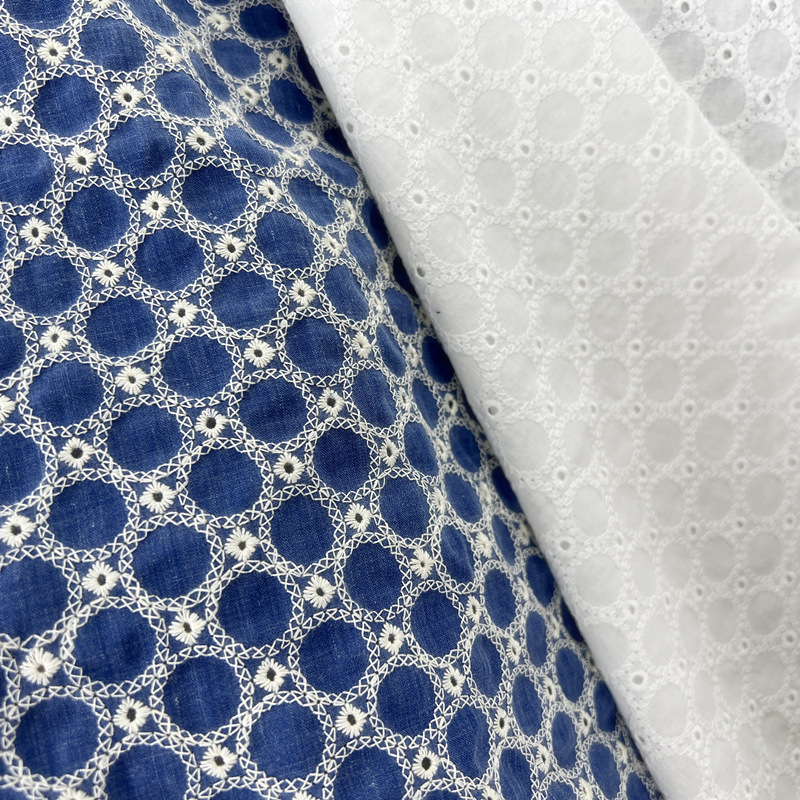 Sewing Eyelet Fabric - ผ้าเดนิมคอตตอนลายวงกลมเล็กแบบปักลายฉลุ สำหรับตัดเย็บชุดเดรส ผ้าปูโต๊ะ DIY
