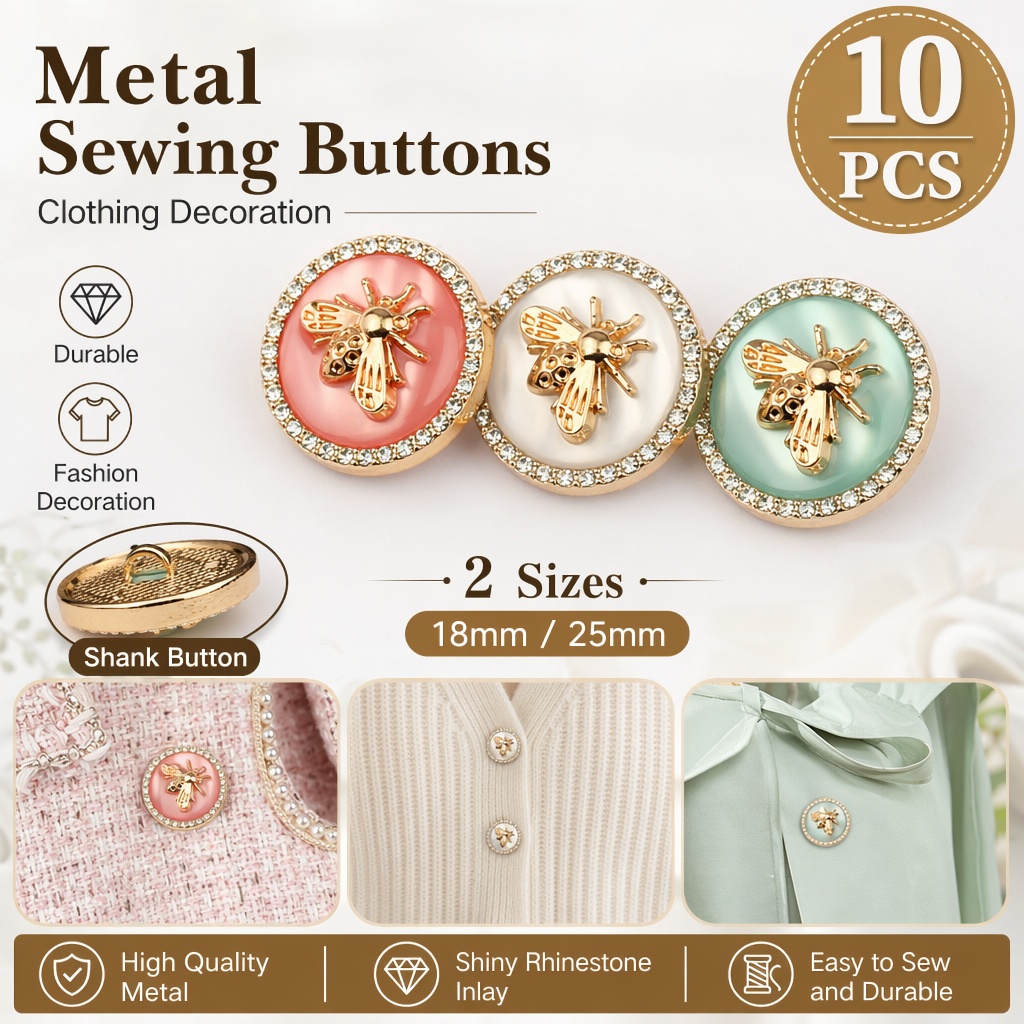 Button Hole Cutter - กระดุมโลหะประดับเพชรรูปผึ้ง 10 ชิ้น, กระดุมเย็บผ้าขนาด 18 มม./25