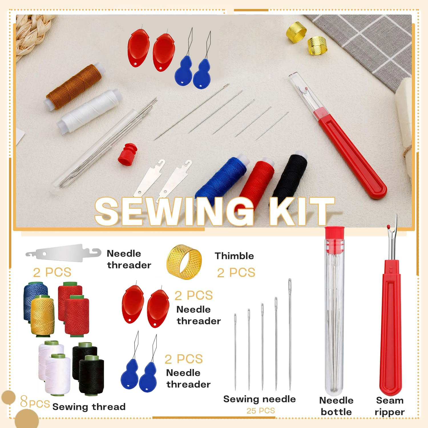 Sewing Repair - ชุดเข็มเย็บผ้าขนาดใหญ่ 43 ชิ้น อุปกรณ์เย็บผ้าเหล็กแข็งสำหรับใช้ในบ้าน ของใช้จำเป็นสำหรับงาน DIY