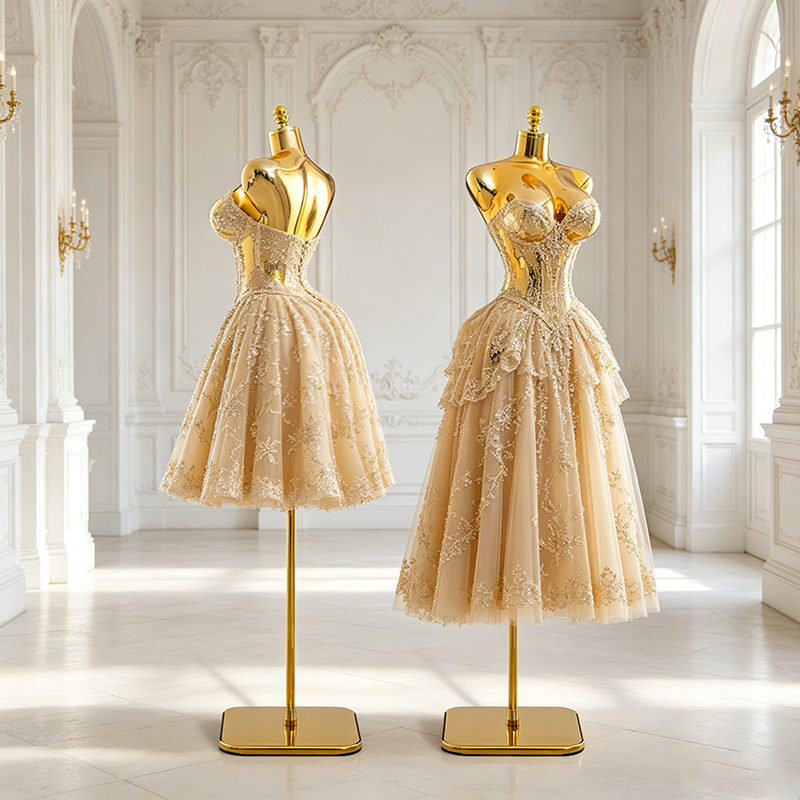 Dress Form Mannequin - หุ่นโชว์เสื้อผ้าขนาดใหญ่พิเศษสีทองโครเมียม ตัวหุ่นพลาสติกชุบไฟฟ้า รูปร่างโค้งเว้า สะโพกและหน้าอกใหญ่ สำหรับโชว์ชุดเดรส