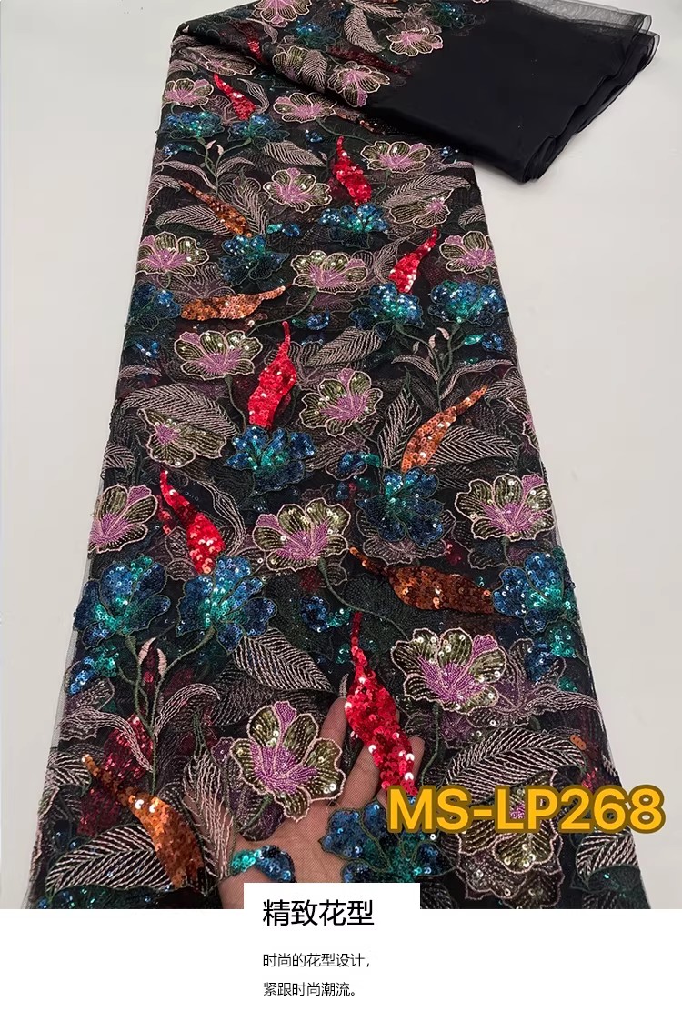 Sewing Net - ผ้าตาข่ายเนื้อนุ่มแบบใหม่ 1 หลา ผ้าปักลายดอกไม้ประดับเลื่อมสองสี หรูหรา สำหรับตัดเย็บชุดกี่เพ้า