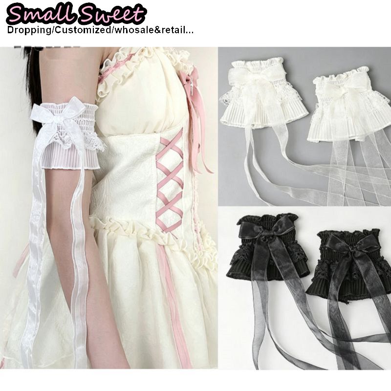 Textile For Sewing - ปลอกแขนลูกไม้แต่งโบว์สไตล์ Y2K สำหรับผู้หญิง ลุคคาวาอี้ โลลิต้า พร้อมริบบิ้นผ้าทูลล์